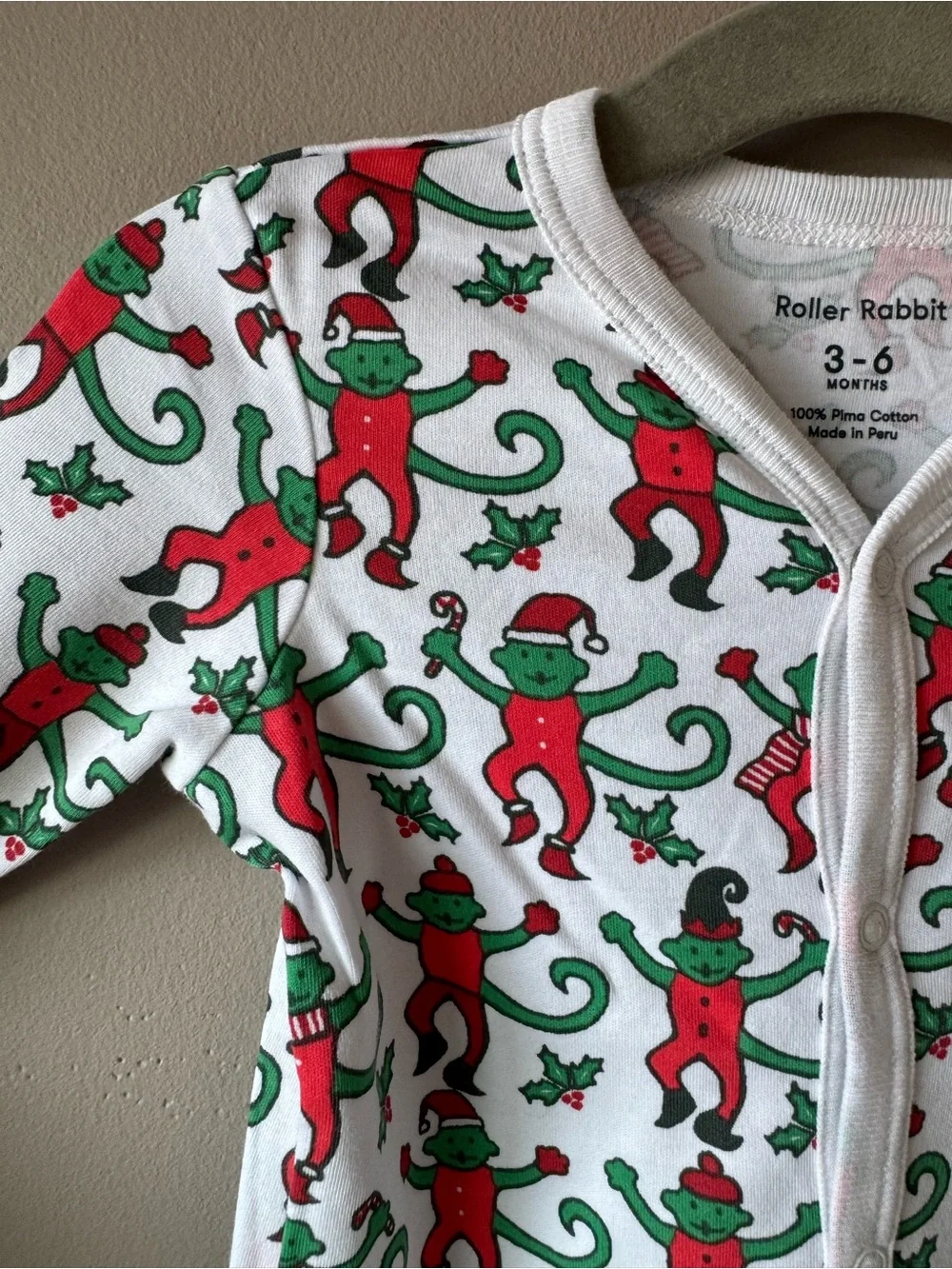 Roller Rabbit Baby Monkey Christmas Holiday Print One Piece Pajamas 3-6 Months